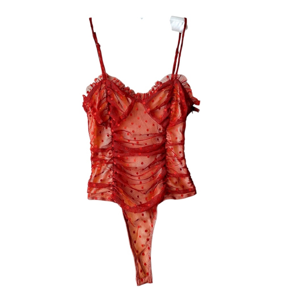 Rust Burnt Orange Mesh Bodysuit Polka Dots Ruffle Edge Ruched Adjustable NEW TAG